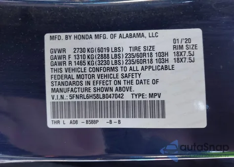2020 Honda Odyssey Ex from USA, damaged, VIN 5FNRL6H58LB047042